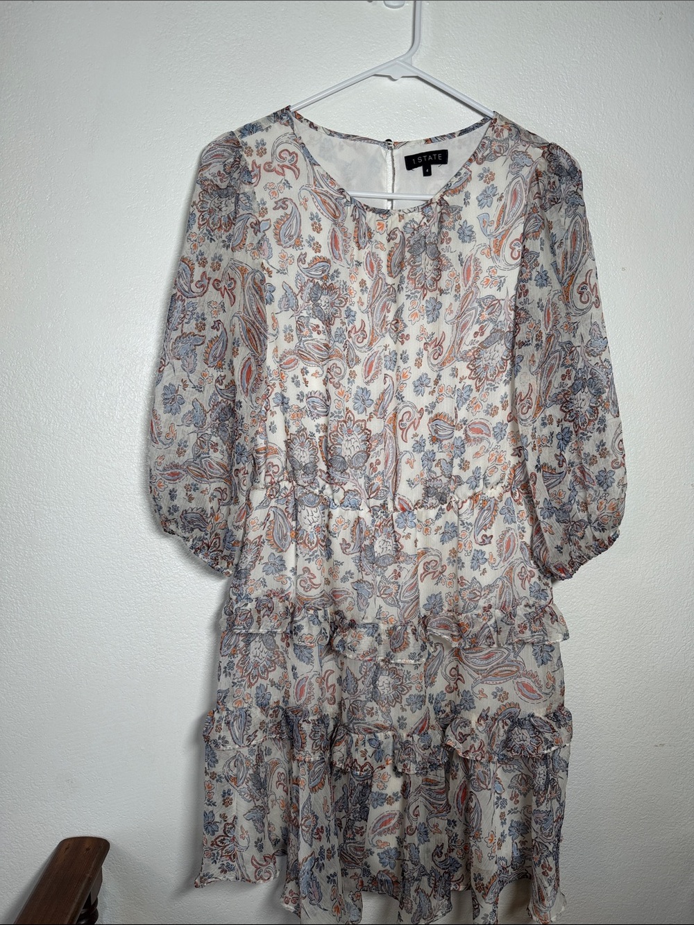 1.STATE Paisley Tiered Long-Sleeve Dress in Cream, Blue, and Coral